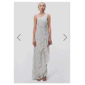 Jonathan Simkhai One-Shoulder Beaded Gown in Light Silver